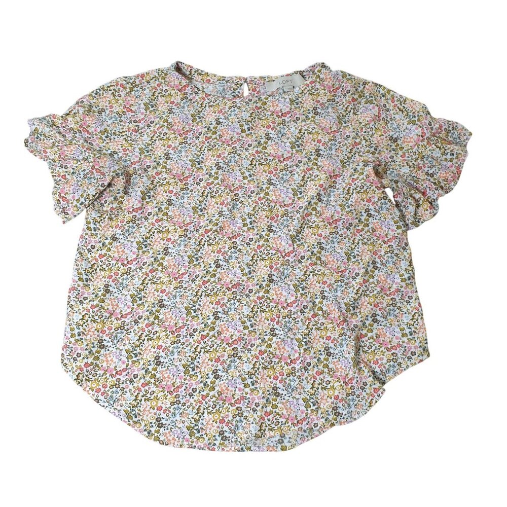 Loft Women Floral Print Blouse Ruffle Sleeves Keyhole Closure Rounded Hem Small